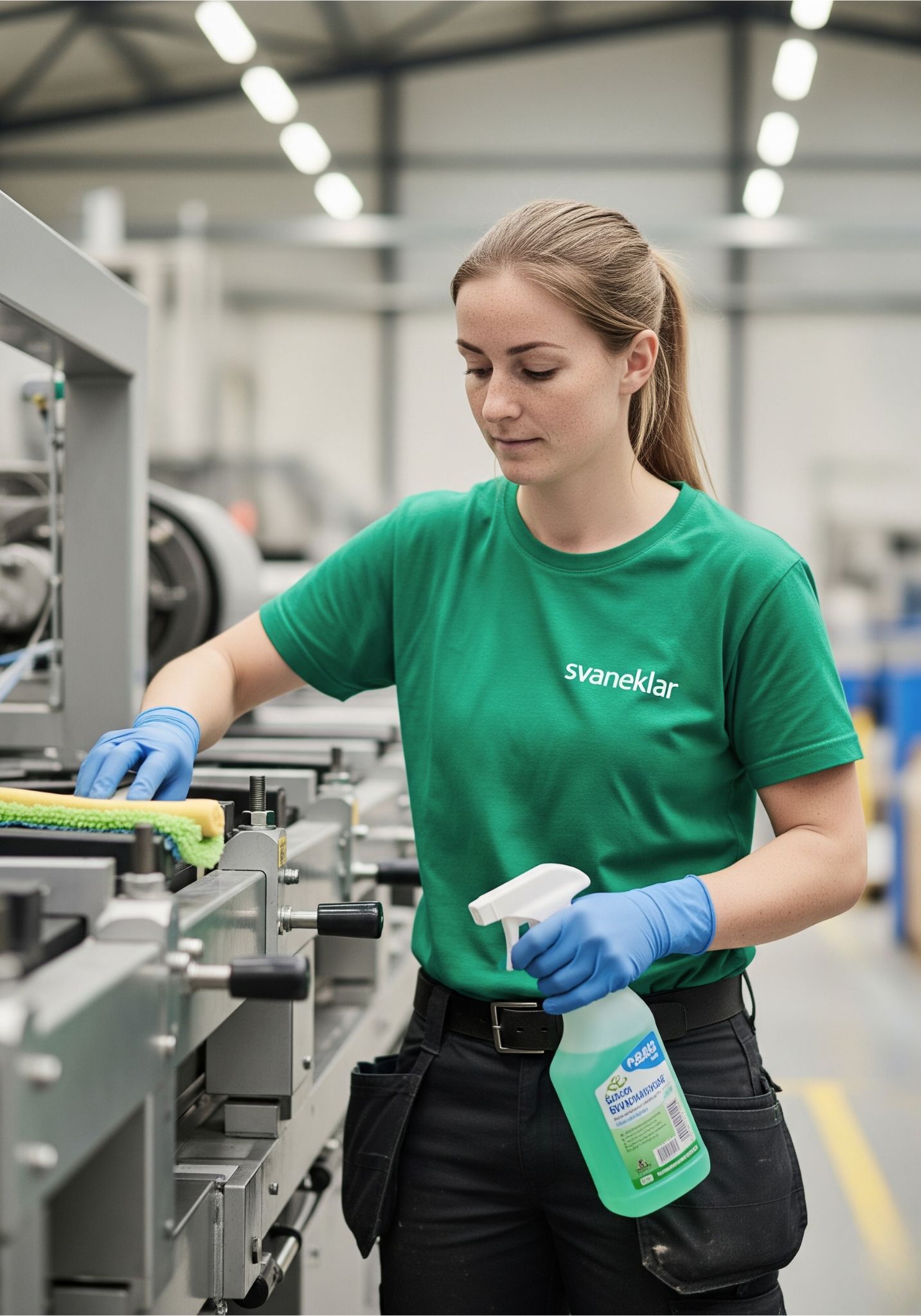 Svaneklar medarbejder udfører industriel rengøring med miljøvenlige produkter i København
