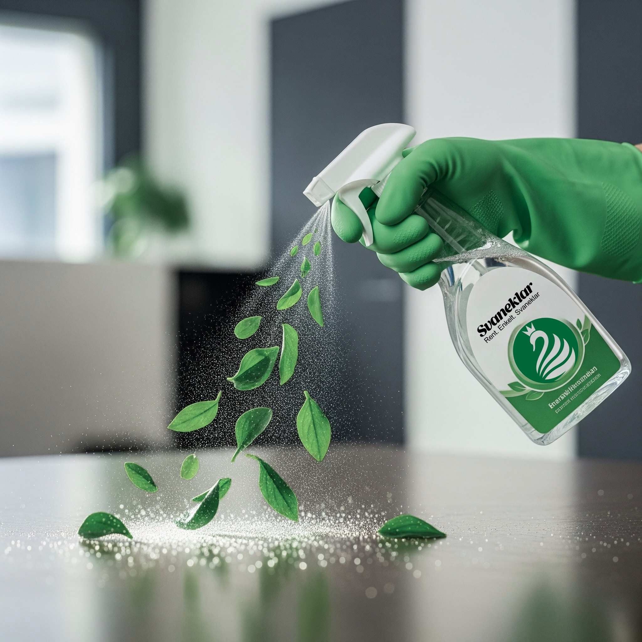 Svaneklar miljøvenlig spray flaske med grønne blade demonstrerer bæredygtig rengøring i København